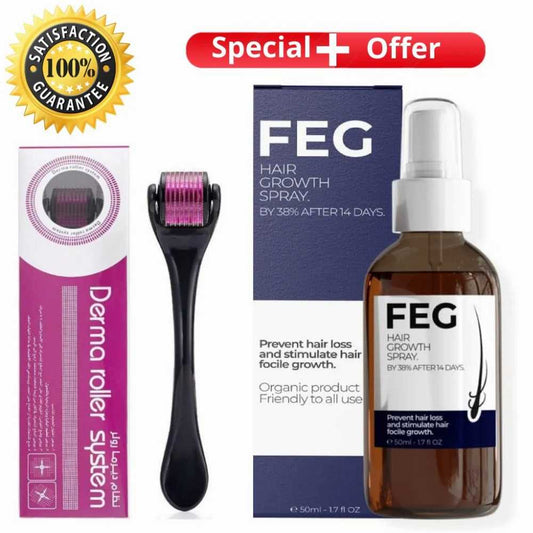 Pack of 2 FEG Hair Growth Spray Plus Derma Roller, Suitable For Both Men and Women